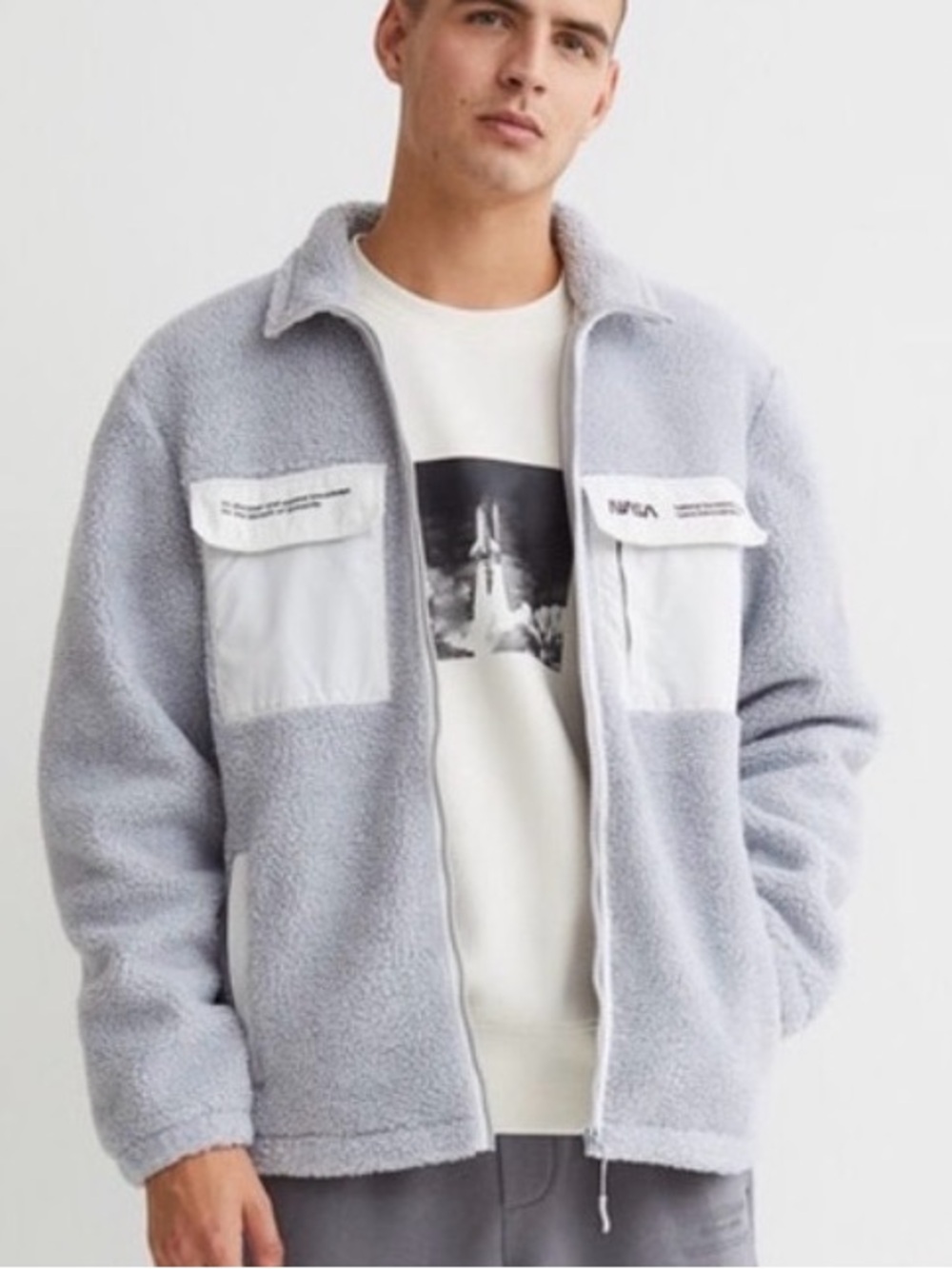 H&M NASA Teddy Sherpa Fleece Zip Grey White Jacket Mens Relaxed Fit XL